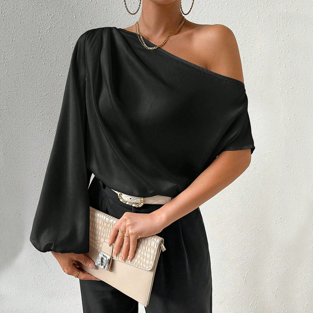 ZARA Fall Winter Sexy Off Shoulder Long Sleeve Loose Fit Asymmetric Neck Top